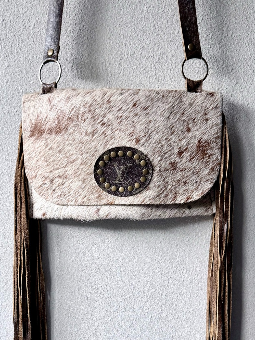 Fringe Crossbody Bag Upcycled Louis Vuitton Detail on Cowhide Bag NWOT
